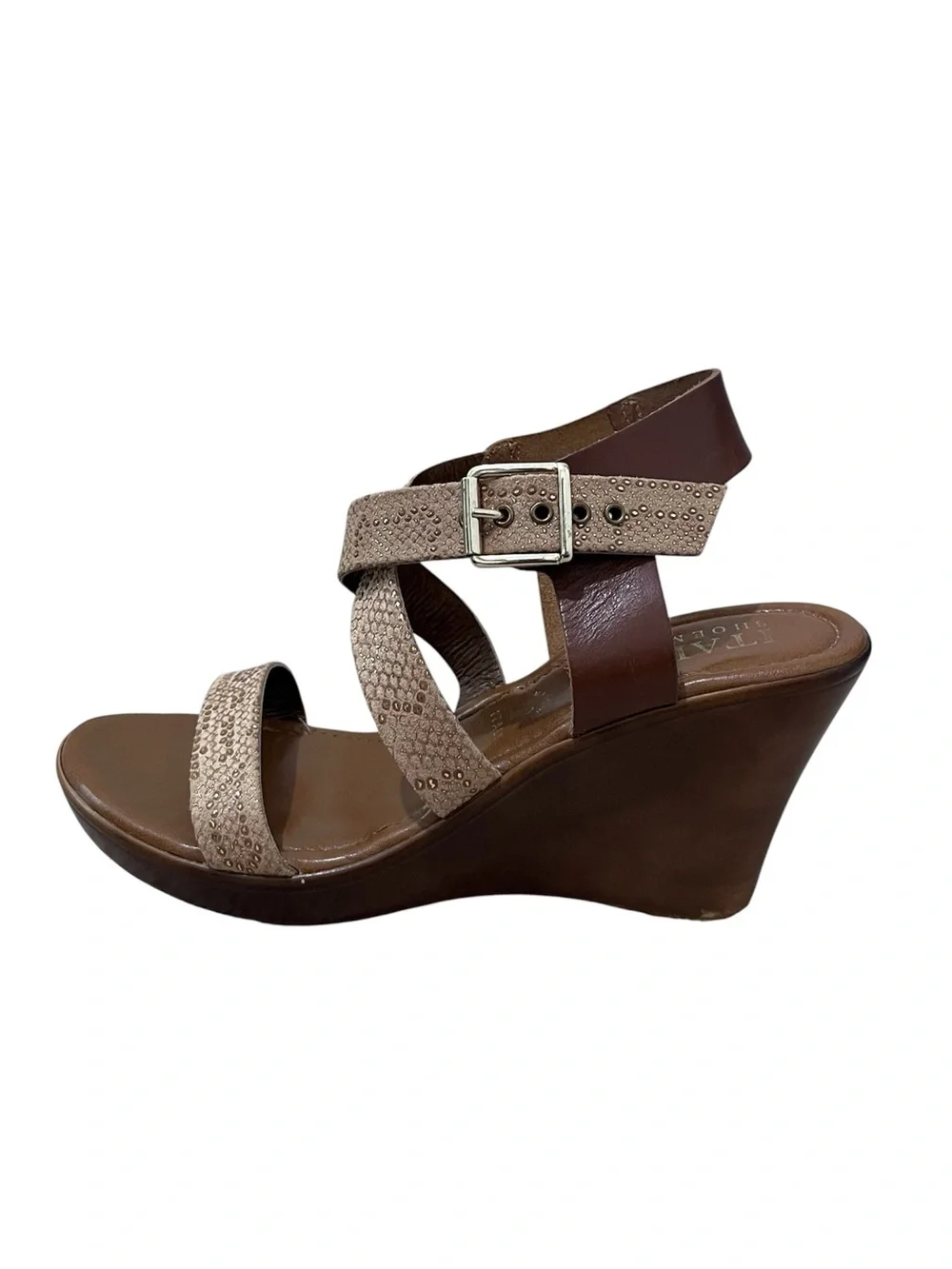 Italian Shoemakers Brown Leather and Beige Wedge Sandals Size 8